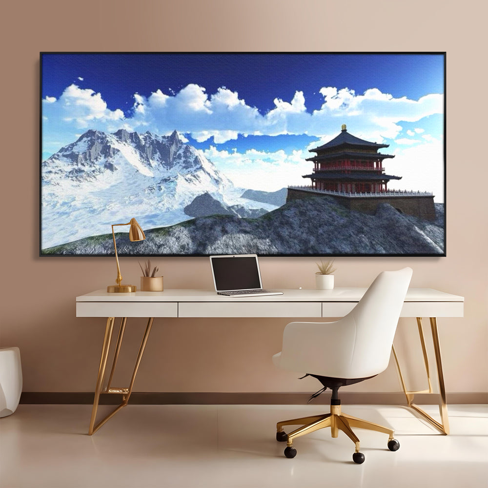 Tablou canvas cu tablou canvas cu templu si munti, in rama de aluminiu negru, pe perete intr-un birou